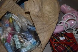 A bag containing a vintage Pifco hairdryer, and various other hairdressing equipment.