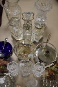 A selection of glass, crystal and plated wares ,including rose bowl, condiment set, and toast rack.
