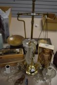 A large set of brass apothecary or chemists scales on mahogany stand, a glass chandelier and a