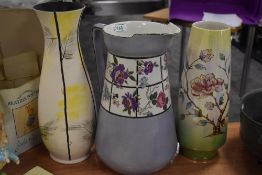 Two large vintage vases and a large floral jug, A lustre Royal Winton vase and studio style vase.