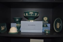A selection of Jasperware ceramics by Wedgwood in an unusual Jade green ground, including fruit bowl