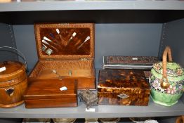 A selection of trinket jewellery and embroidery cases also two biscuit barrel including Maling