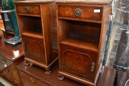 A pair of early 20th Century mahogany and walnut bedside cabinets, each width approx. 37cm, height