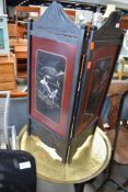 An oriental folding two panel fire screen, ebonised frame with mother of pearl inlaid panels, height