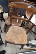 A Victorian stained frame railback chair, height to seat 54cm, missing front rail, possibly