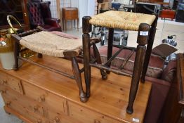 Two traditional rush seated stools including woolwinder style