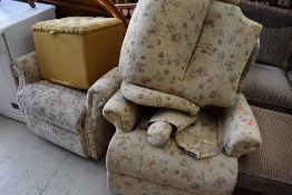 Two electric recliner chairs and ochre dralon box stool