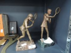 Two bronze cast figures of tennis players Virginia Wade and Christine Truman on marble bases