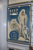 A vintage Framed poster 'Keep a pig, Start a pig club'. Highly collectable and in great condition.