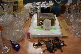 An interesting assortment of items, a WII fit, Roberts alarm clock , vintage tin and hooks, also a