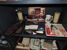 A selection of cutlery and similar including portable shaving set Japan lacquer trinket cases