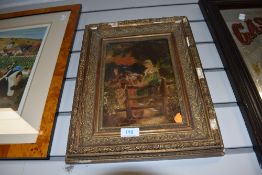 A antique over painted photograph on board, some damage to frame.