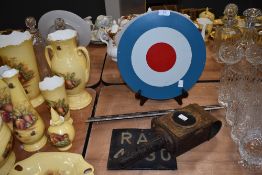 A vintage carriage lamp, possibly railway, vintage number plate, and similar.