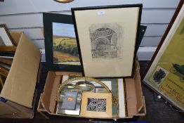 A selection of original artwork and prints including Pastel landscape and embroidered alphabet