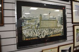 A large full colour print after L S Lowery of a Lancashire mill