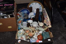 A mixed box of items,amongst which are ceramics of animal interest, also Wedgwood, a sewing set,