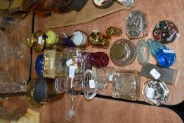 A collection of glass and metal including Brass pan having lidded spout, carriage clock, ink wells