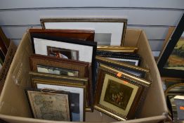 A large box of prints and picture frames including gilt and plaster frames