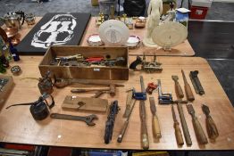 A collection of vintage tools, including chisels, planes and oil cans, Britool, Record and Stanley