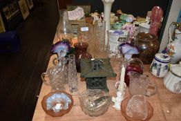An assorted lot of vintage glass and similar including oil lamp, vases, jug and more.