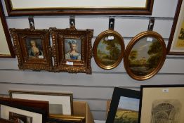 A pair of porcelain style plaques depicting regency style ladies in portrait with gilded frames, and