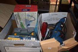 An assortment of tool,including jigsaw,grinding tool with attachments and more.