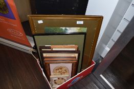 A box of general prints, watercolours etc.