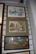 A framed watercolour of Paris and a similar print, also included is a framed painting on fabric '