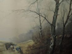 A watercolour, W H Muir, gathering faggots in woodland, signed, 34 x 49cm, framed and glazed