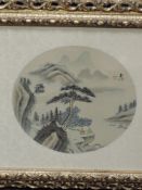 A picture on silk, Japanese landscape, dia 22cm, framed and glazed