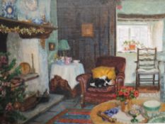 An oil painting on board, Stephen Darbishire, Christmas at Agnes Gill, signed and attributed