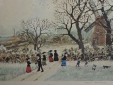 A print, after Helen Bradley, Winter, signed, 25 x 32cm, framed and glazed