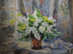 An oil painting on board, Stephen Darbishire, Lilac in a lustre mug, signed and attributed verso, 13