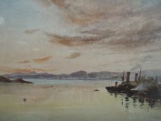 A watercolour, T Gordon, estuary and steamship, signed, 25 x 36cm, framed and glazed
