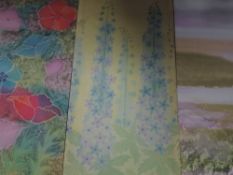 Three textile prints, after Margaret Wilmot, still life, inc Delphiniums, each 93 x 45cm