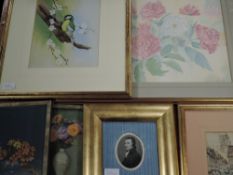A pair of prints, still life, 21 x 16cm, an engraving, portrait 19th, 9 x 7cm, a watercolour, L