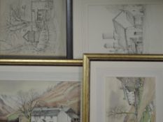 Two sketches, Neil Taylor, farmsteads, signed, one dated 1975, 25 x 35cm, framed and glazed, and two