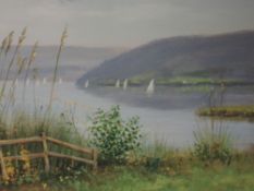 A print, after Jeff Sanders, A Summer Evening at Windermere, signed, 18 x 51cm, framed and glazed