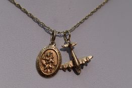 A 9ct gold rope chain with 9ct gold Plane charm and 10ct gold St Christopher pendant, approx 18' &