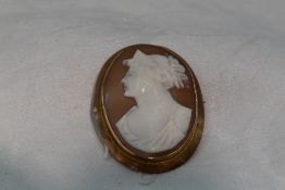A conche shell cameo brooch depicting a maiden in profile in a plain 9ct rose gold mount