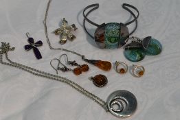 A selection of white metal jewellery, most stamped 925 including Baltic amber pendant and