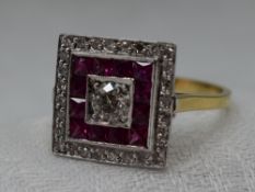 A lady's Art Deco style dress ring of square form having a central diamond, approx 0.33ct within a