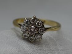 A lady's dress ring having a diamond cluster, total approx 0.04ct in a claw set mount on a yellow