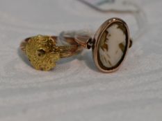 A lady's dress ring having a conche shell cameo plaque in a collared mount on a yellow metal loop