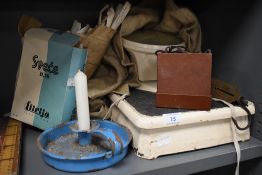 A set of vintage bathroom scales, and enamel candlestick holder a Salters spring balance and more.