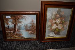 Two framed oil and canvas paintings, one of lake scene the other floral.both signed.