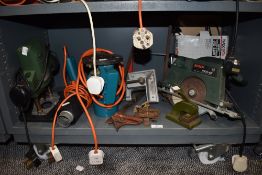 An assortment of power tools including some vintage bits and bobs,brands such as Bosch and Stanley.