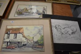 A Rose Sarna Pencil Caricature of a dog, And two limited edition prints of high street scenes