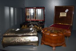 A collection of jewellery boxes, one musical, one lacquered with hand painted oriental design and