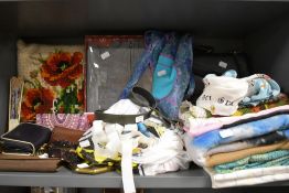 A mixed lot of vintage and modern textiles and haberdashery, amongst which is a coronation scarf,a